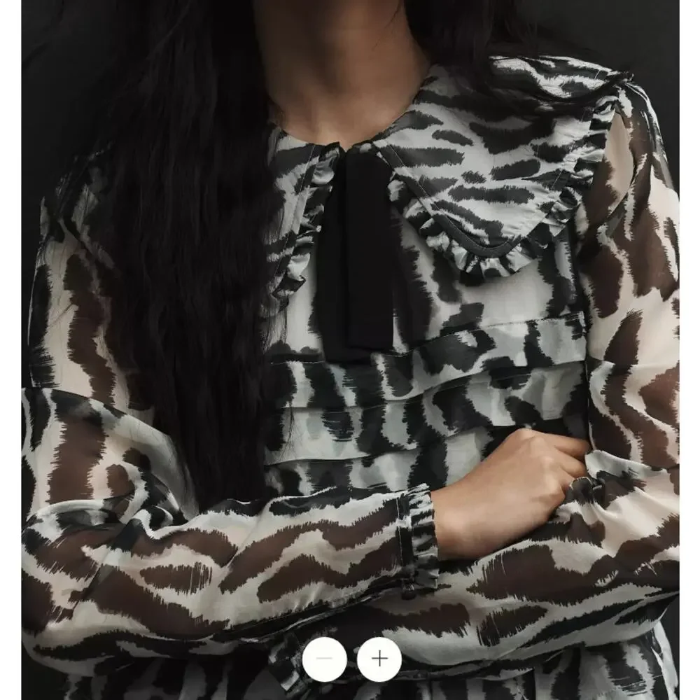 Anthropologie Maeve Long-Sleeve Collared Sheer Mini Dress in Black and White